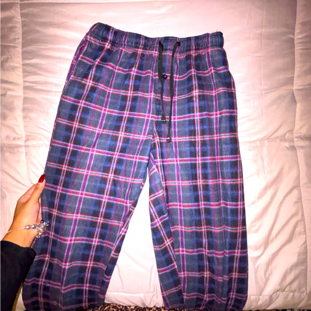plaid blue red and white pajama pants